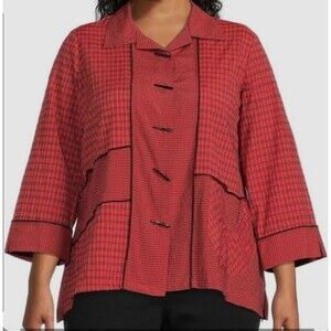 Ali Miles 1X Red Plaid Shirt Blouse Mix Media 3/4 Sleeve Boxy Fit Artsy Buttons